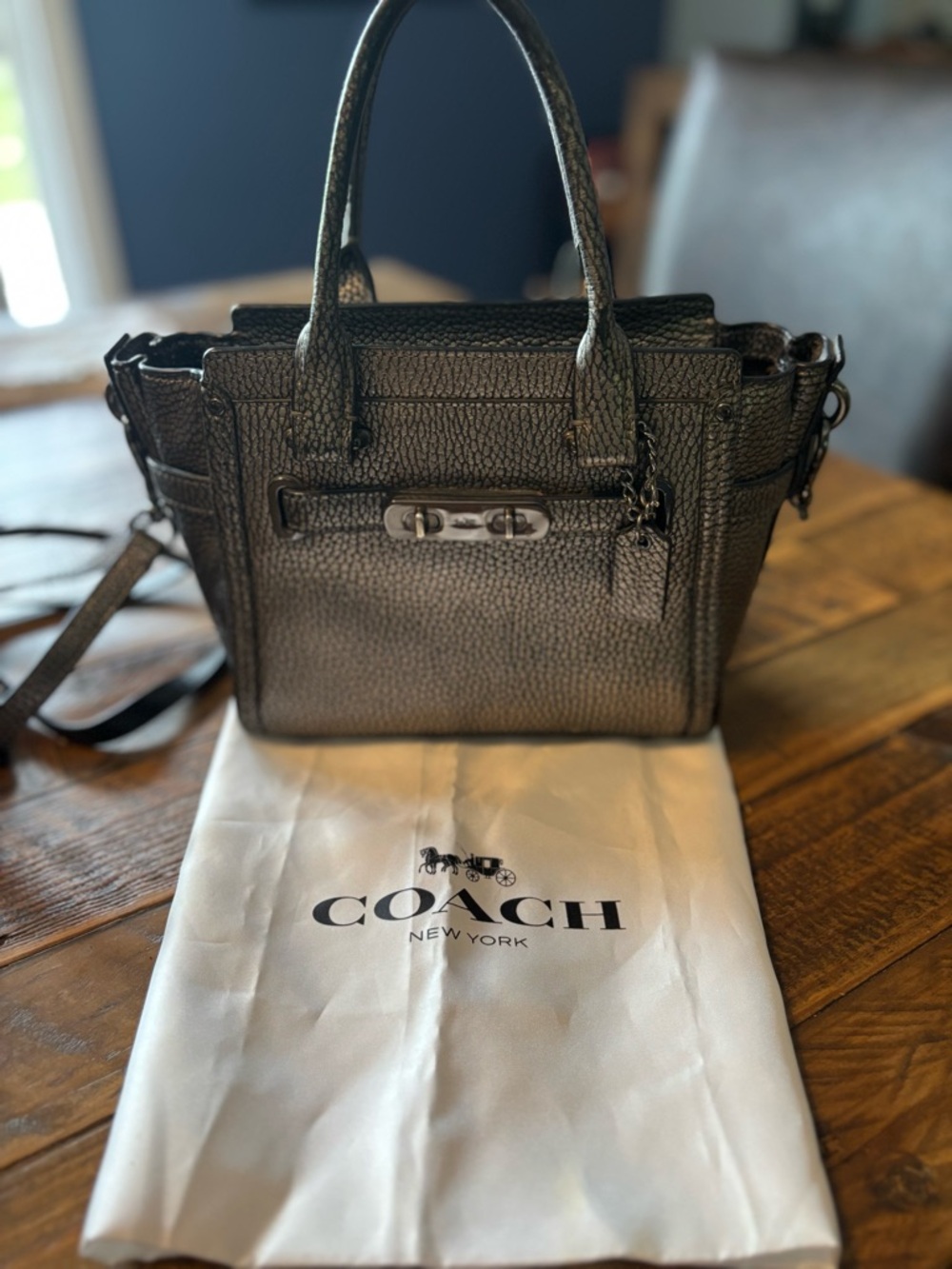Coach Swagger 21 Metallic Pewter Pebbled Gunmetal gray Leather Satchel